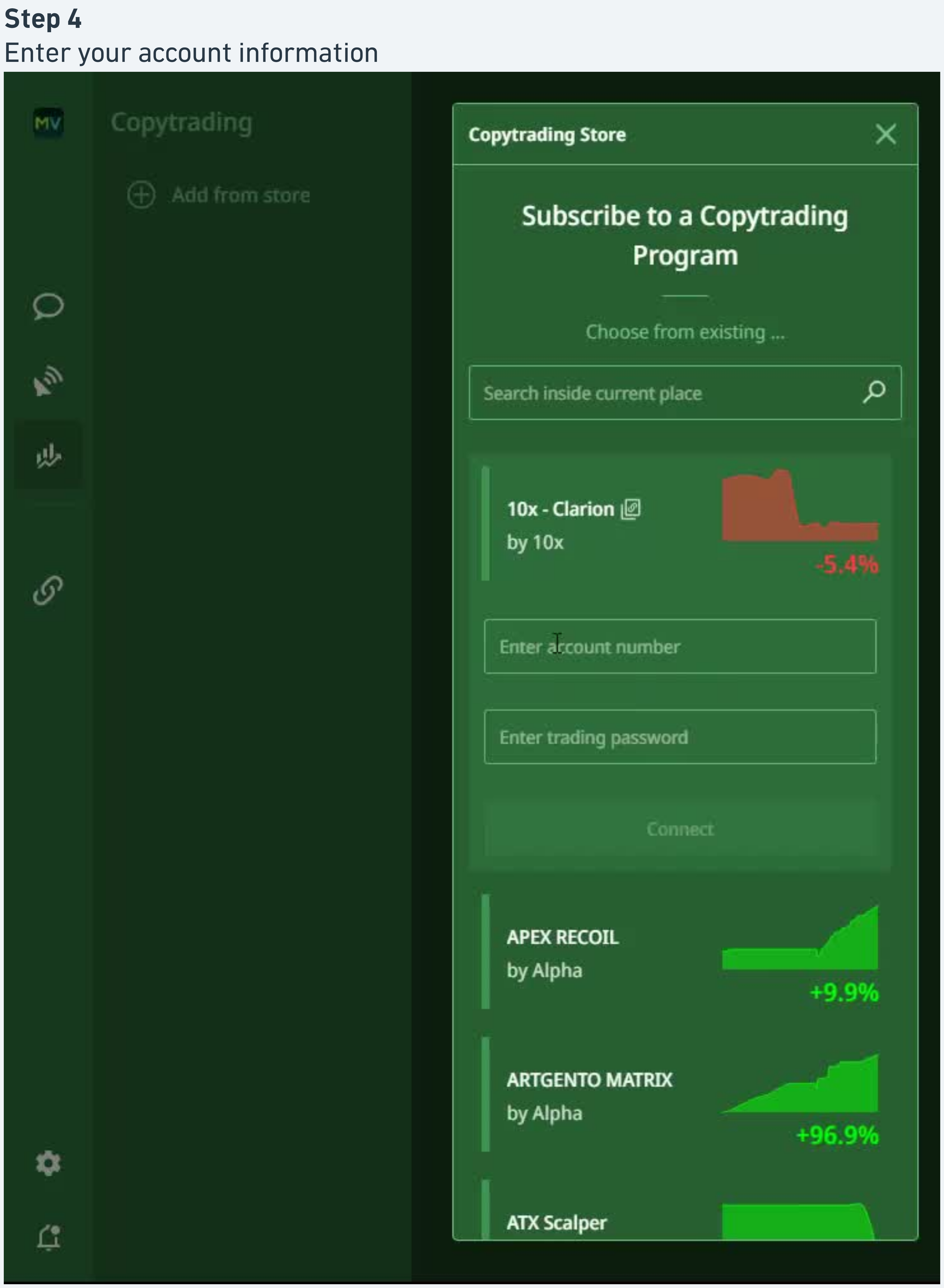 Subscribe to a Copytrading Program panel